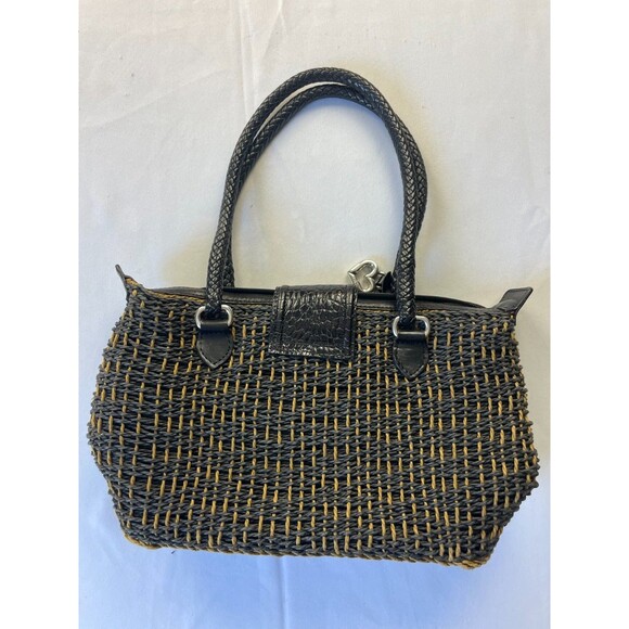 Brighton Raffia Straw Woven Tote Shoulder Bag Black/Tan Double Handle Vintage - Picture 6 of 9